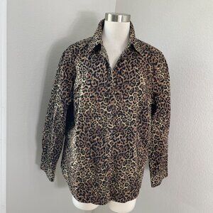 Chaps Classics Womens Plus 1X Leopard Animal Print Button Up‎ Shirt Long Sleeve